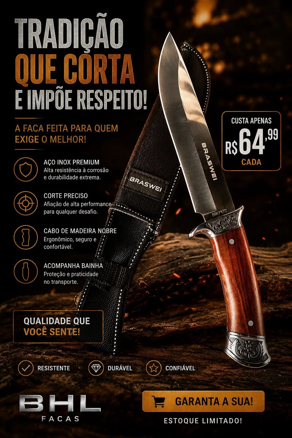 Faca para Churrasco Braswei 32cm com bainha