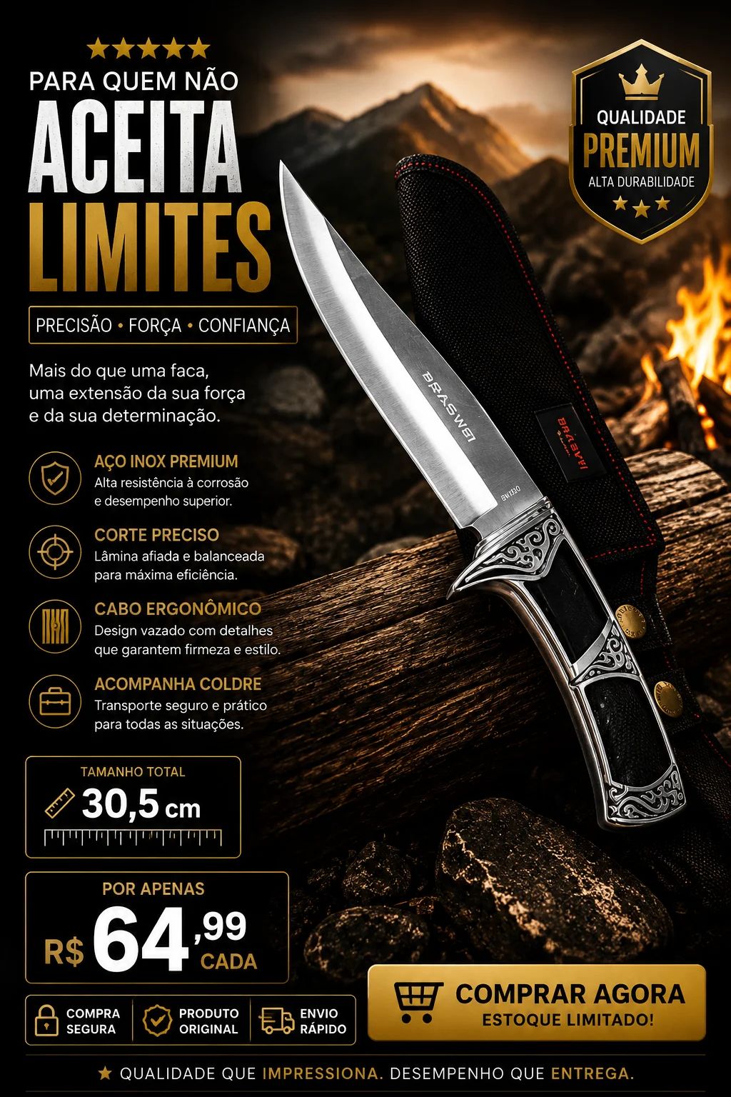 Faca para Churrasco Braswei 30,5cm com bainha