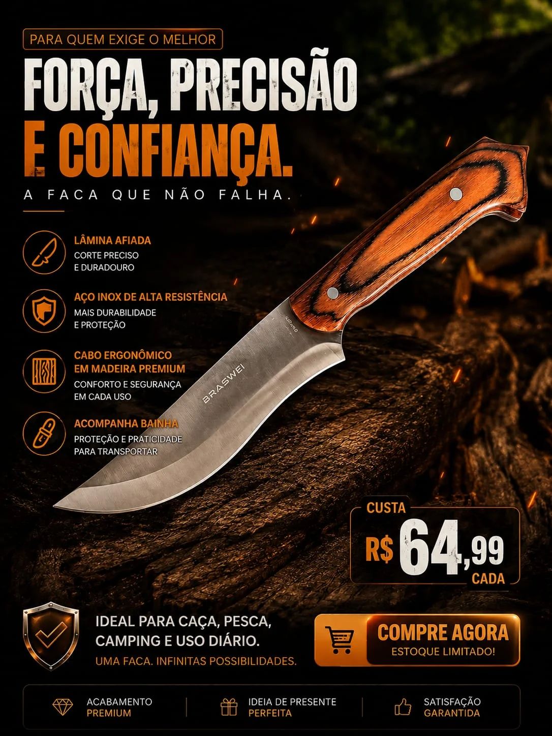 Faca para Churrasco Braswei 31cm com bainha