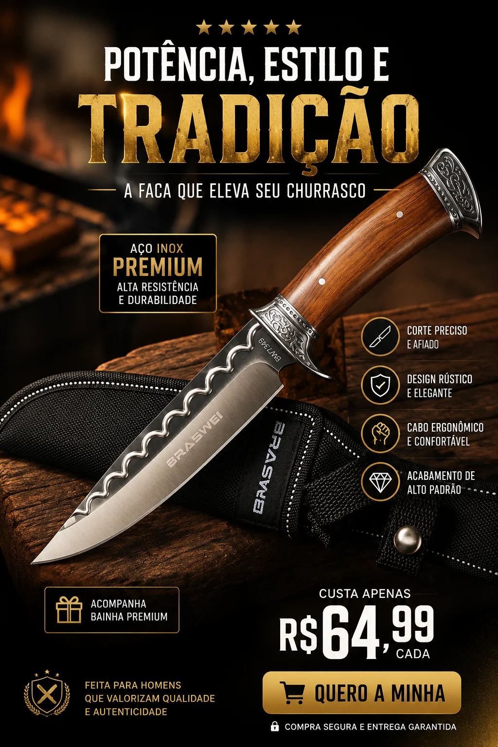 Faca para Churrasco Braswei Aço Inox 30,5 com Bainha