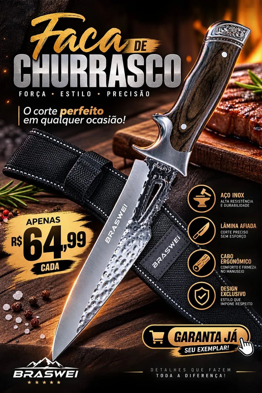 Faca de Churrasco Braswei 32cm com bainha
