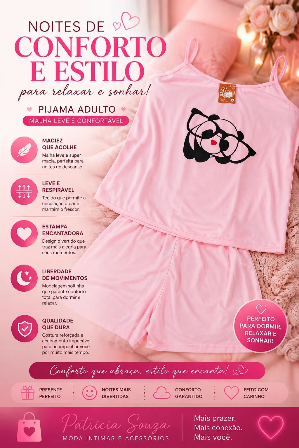 Pijama Adulto Rosa Estampa Panda Regata e Short Tam: G