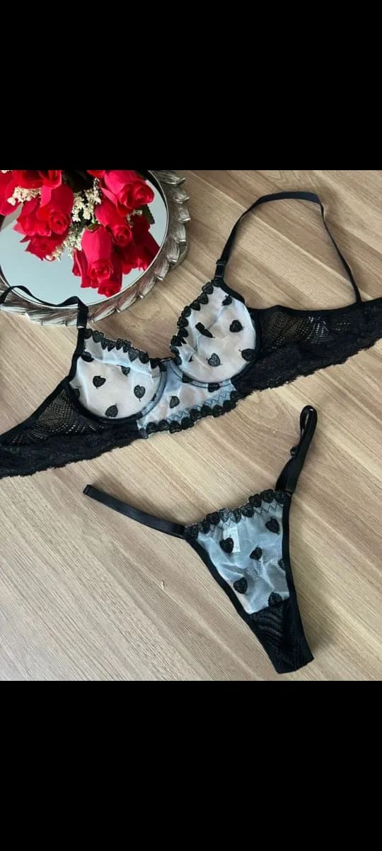 Conjunto Lingerie Preto Transparente Corações. Tam: P G GG