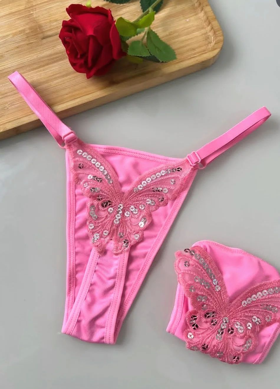 Calcinha Fio Dental Rosa com Borboleta de Paetê