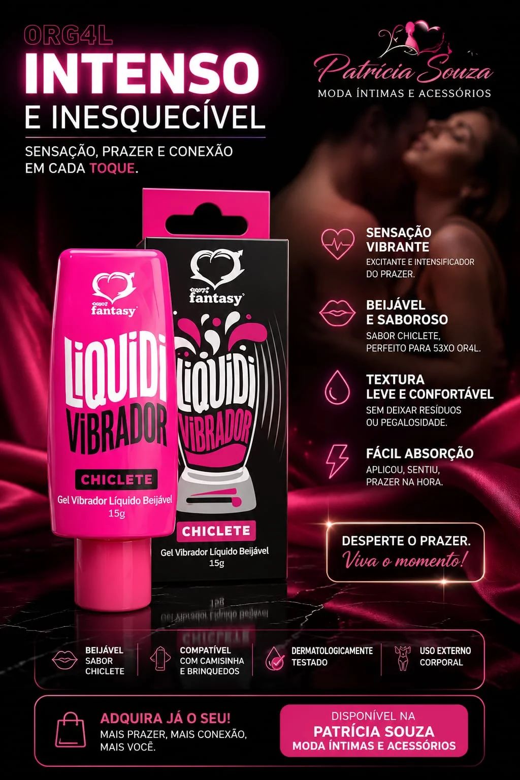 Gel Vibrador Líquido Beijável Chiclete 15g Fantasy
