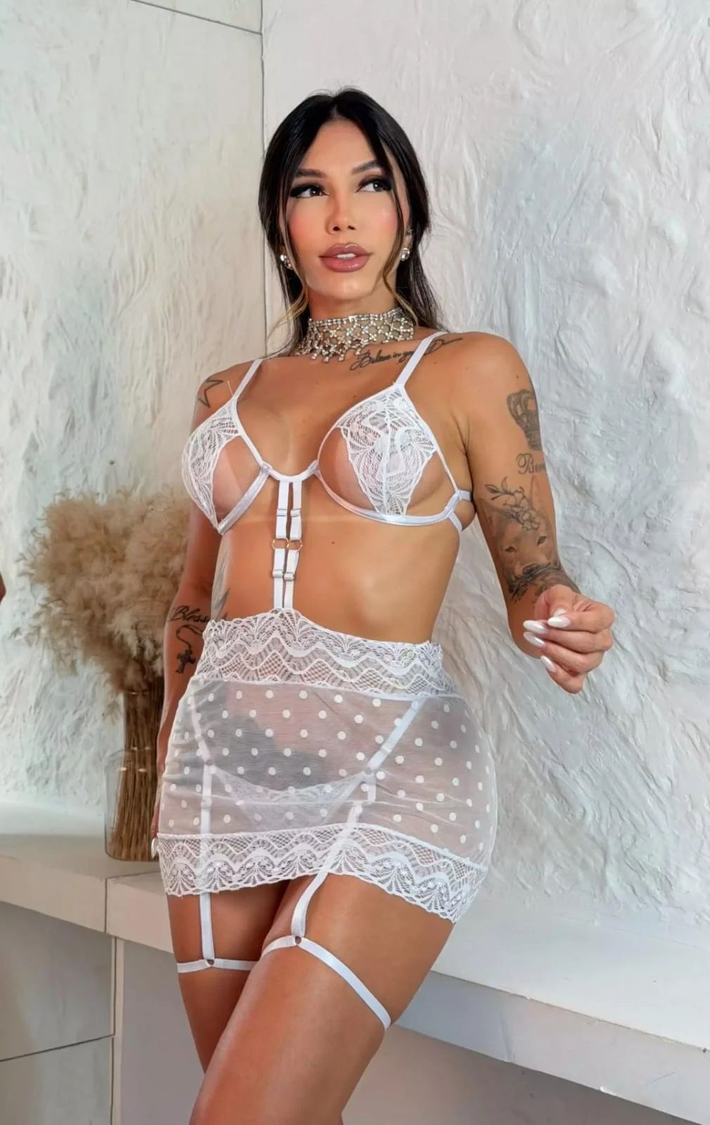 Conjunto Lingerie Branco Com Cinta-Liga. Tam: P M GG