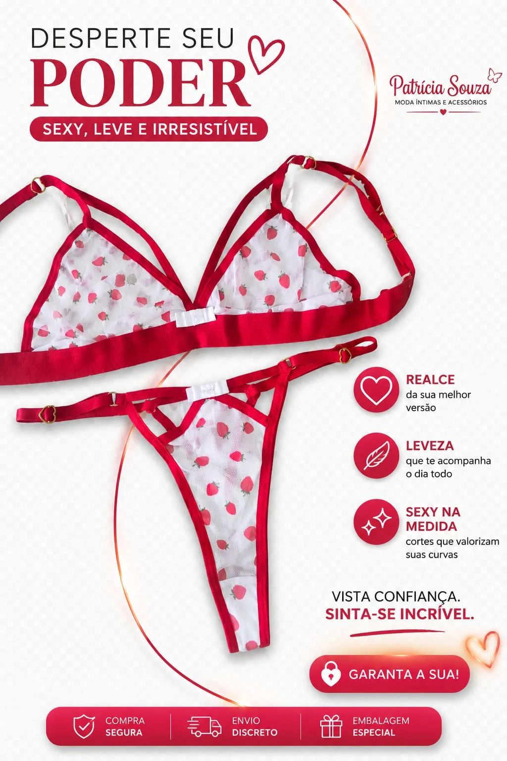Conjunto Lingerie Morango. Tam: M G GG