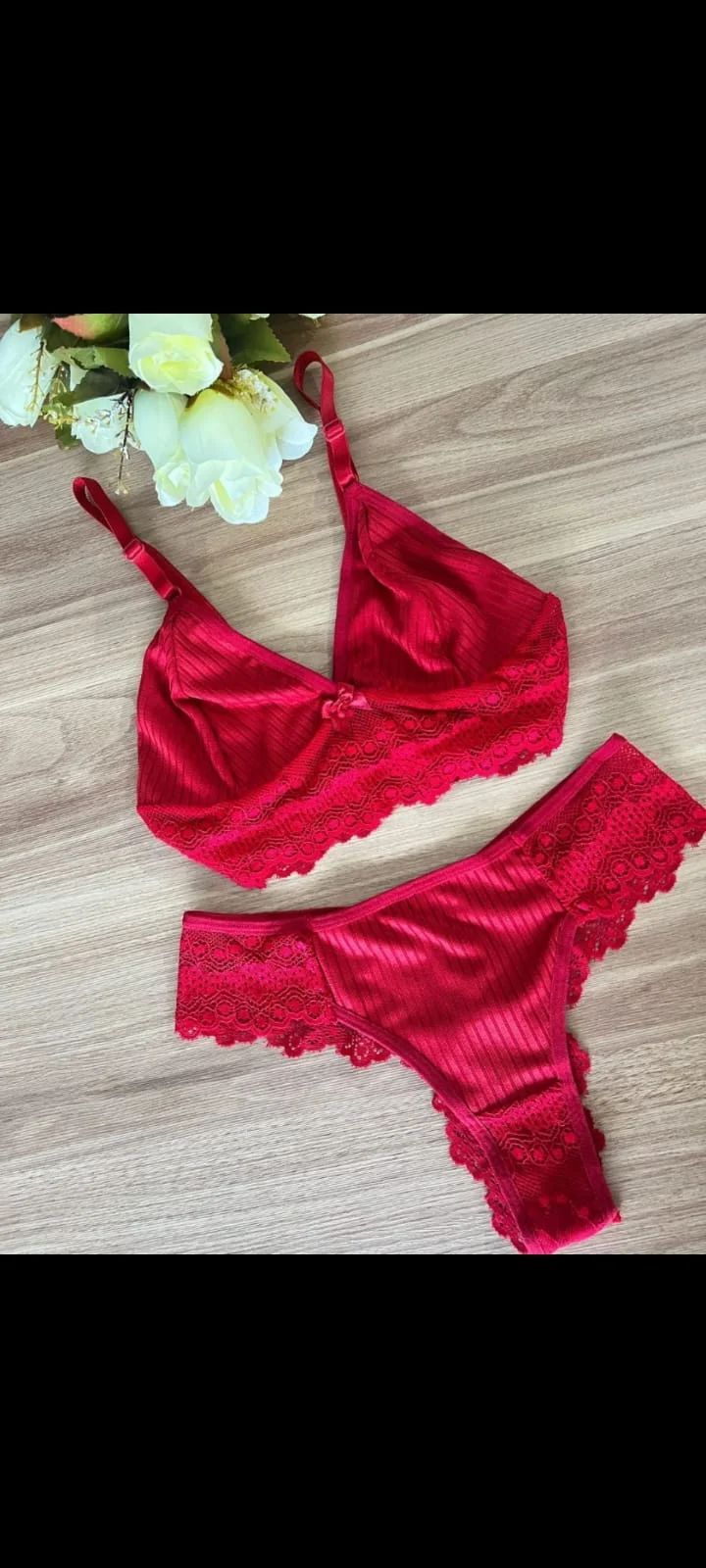 Conjunto Lingerie canelado com Renda Vermelho. Tam: M