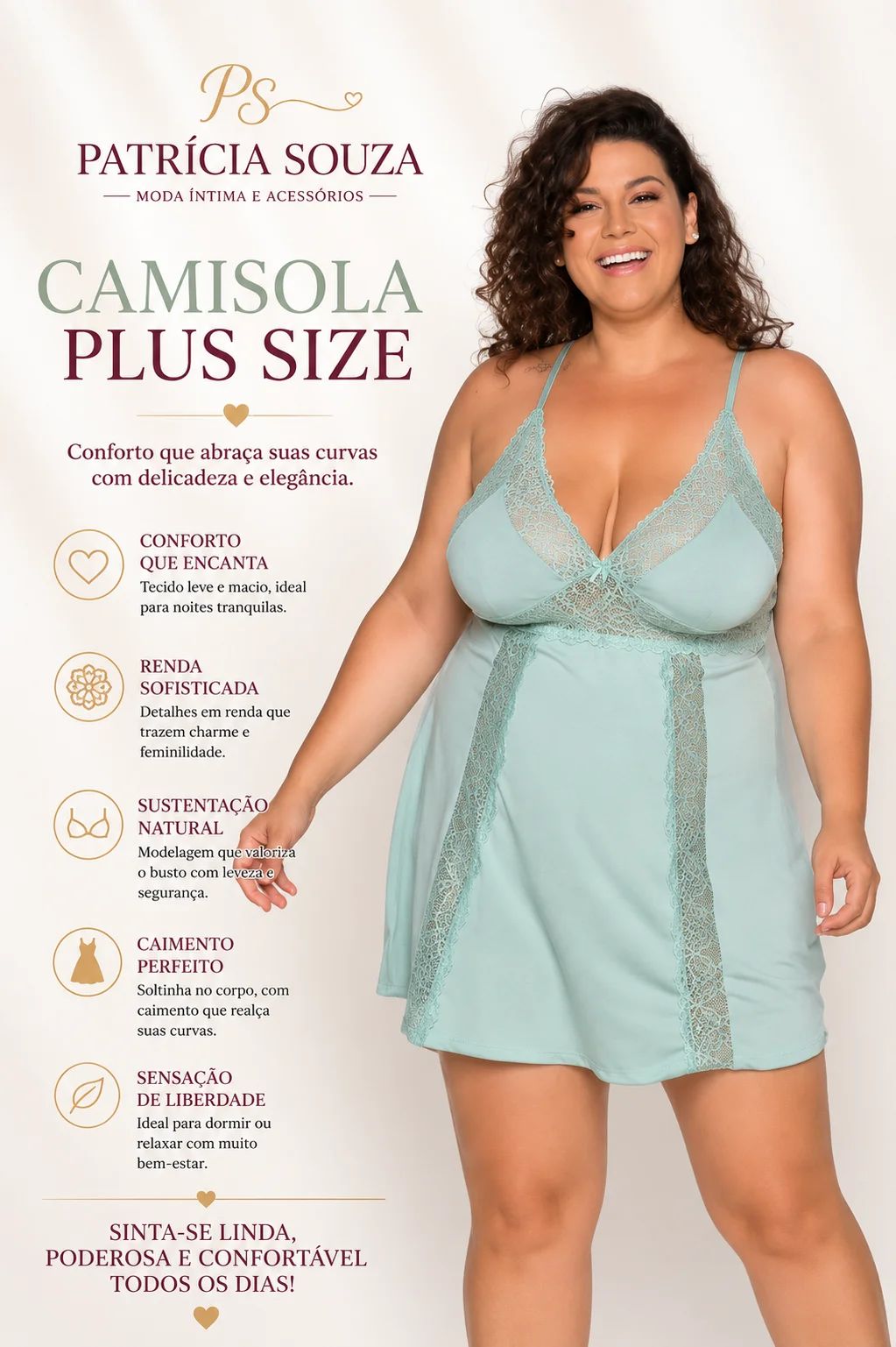 Camisola Plus Size Verde Menta com Renda