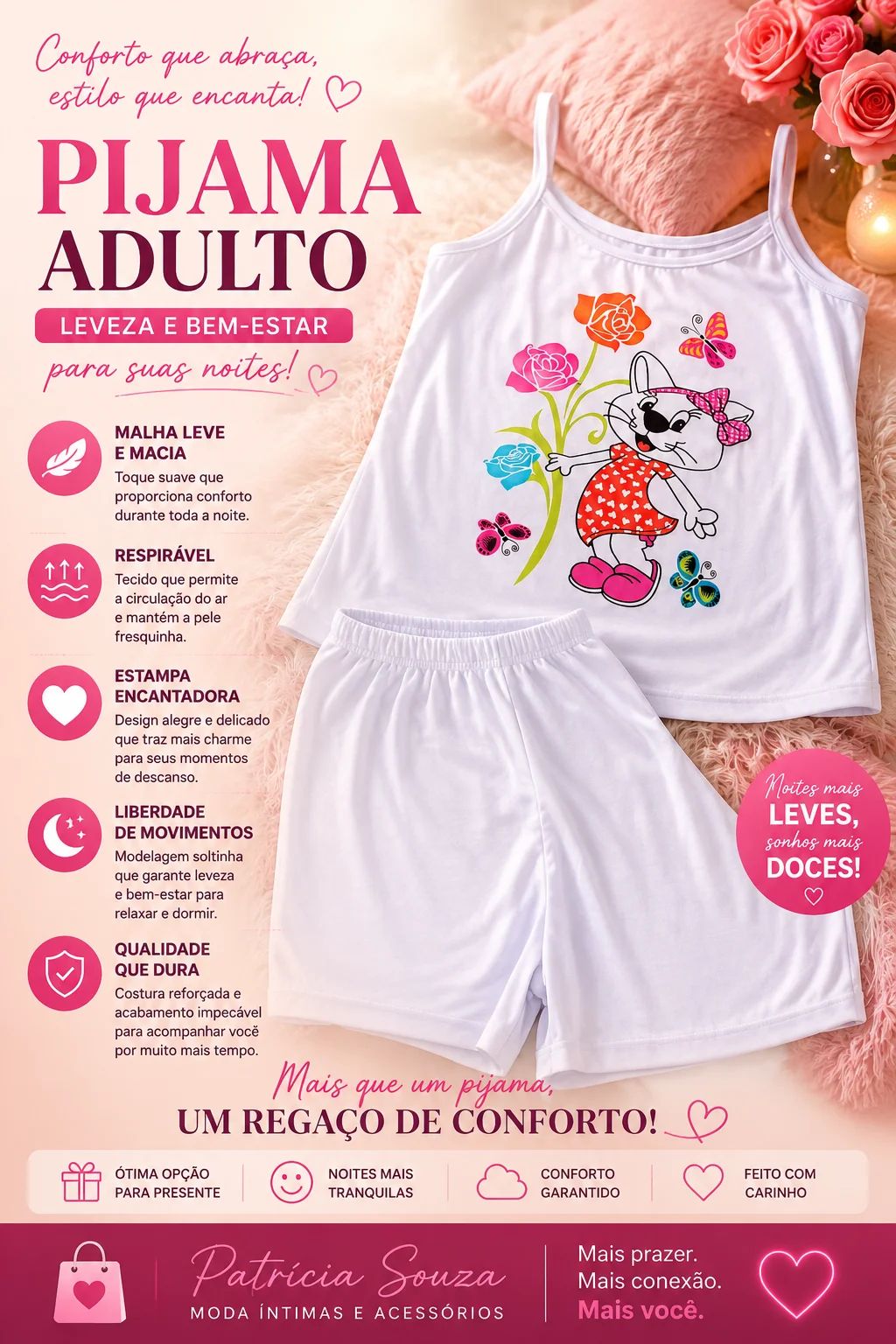Pijama Adulto Leveza e Bem-Estar. Tam: P