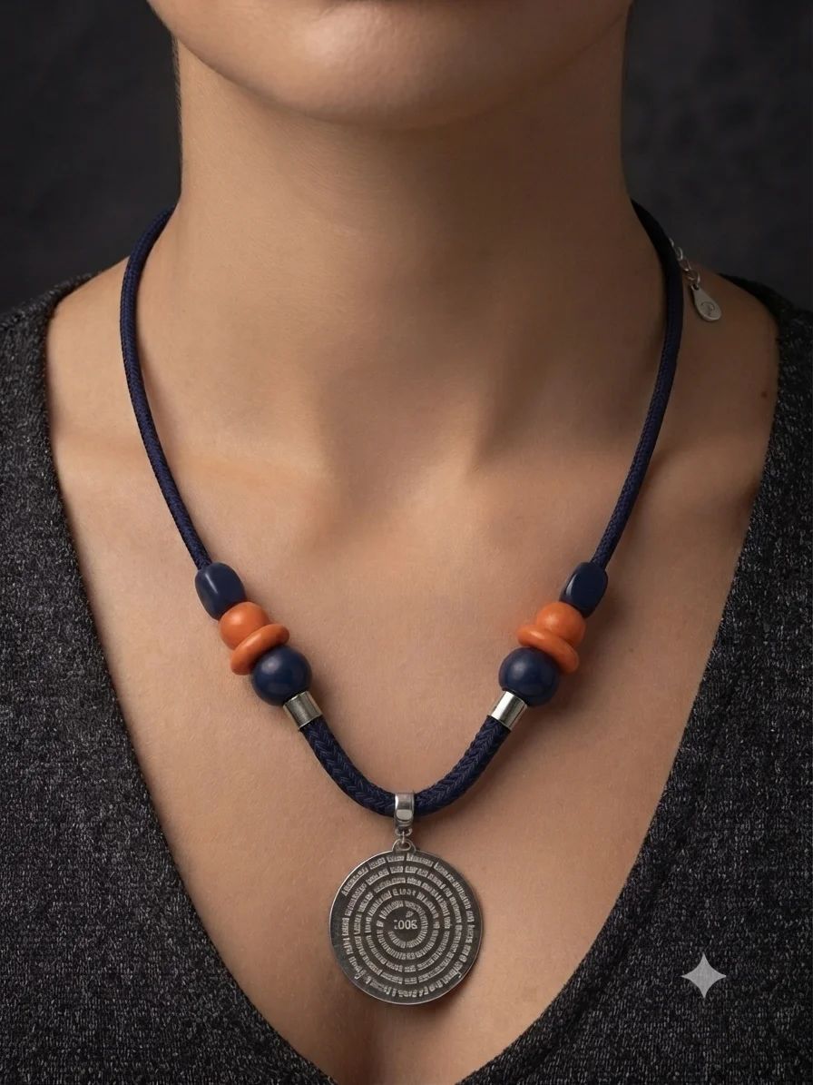 Colar Cordão Azul e Laranja com Pingente Redondo