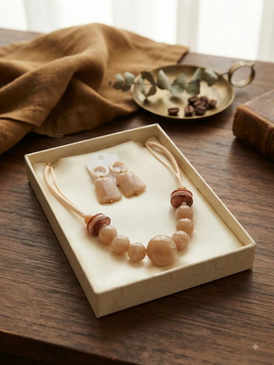 Conjunto de Colar e Brincos em Tons Neutros