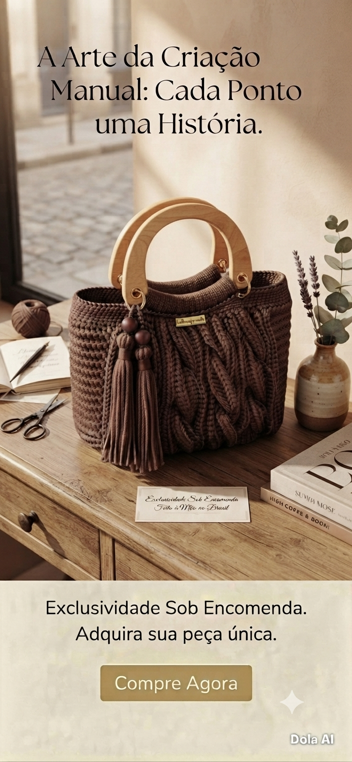Bolsa de Crochê Marrom com Alça de Madeira